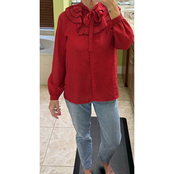 Yaohan Vintage red blouse ruffle black thin strips large long sleeves button - Picture 4 of 7